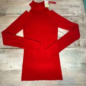 Catherine Malandrino Red Ribbed Cold Shoulder Mock Neck Sweater Top Women M